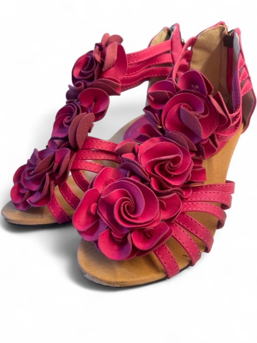 Hot Pink Ruffle Rose Floral Wedge Sandals | Size 6
